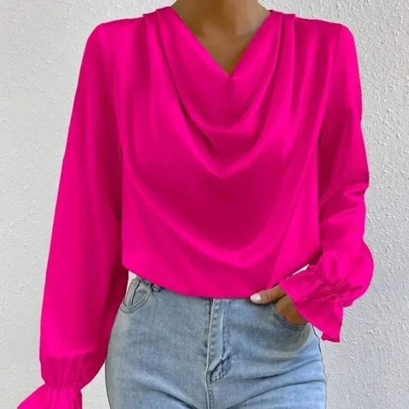 . Tops - Draped Front Flounce Sleeve Satin Blouse